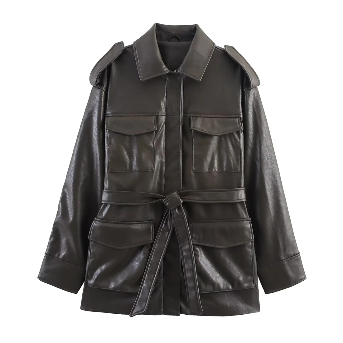 

Women's Faux Leather Jacket Sleek Structured Edgy Fashionable Top with Decorative Pockets