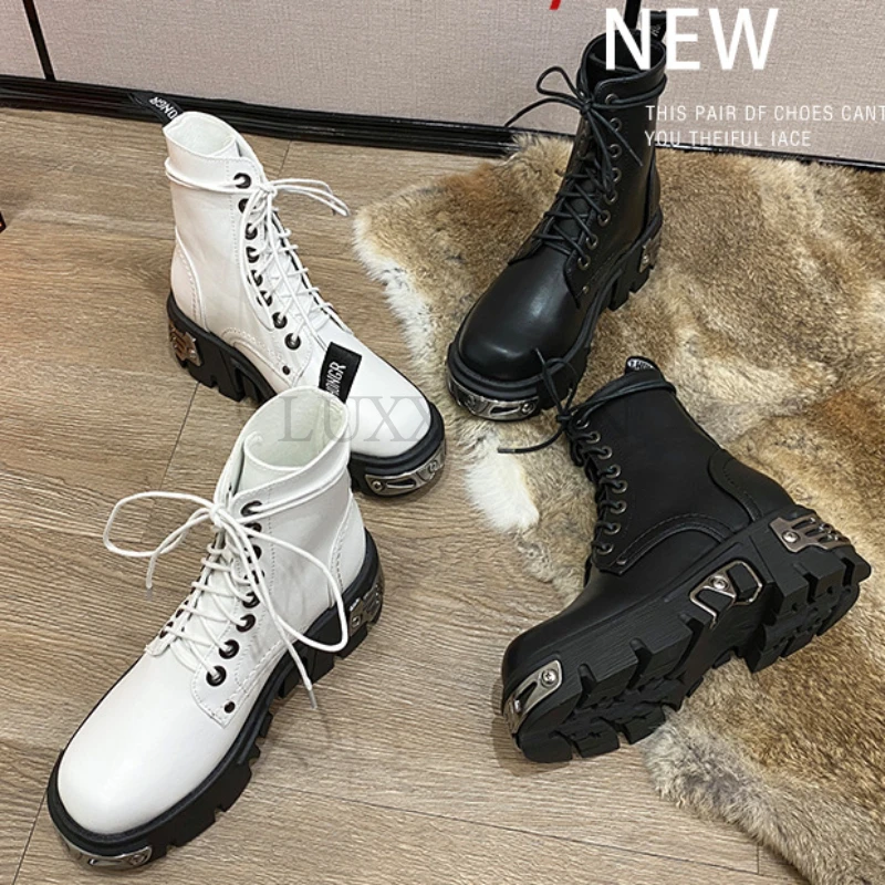 Punk Style Chunky Sneakers Women Gothic Lolita Shoe Metal Decor Lace Up Casual Shoes 6CM Thick Sole Flats Shoes Platform Trainer