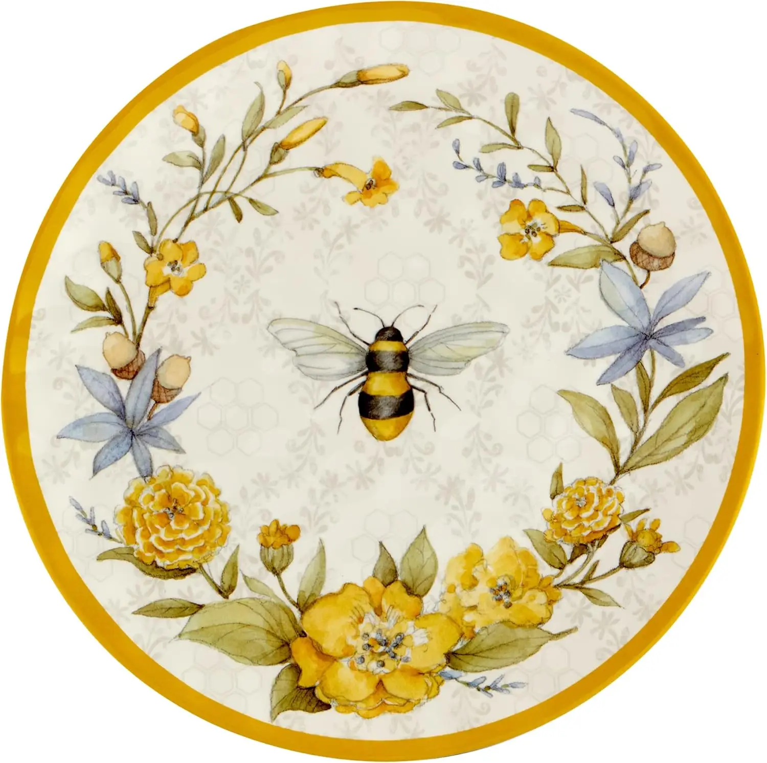 

Меламиновые обеденные тарелки Bee Sweet 11 дюймов, набор из 6 шт., небьющиеся уличные тарелки с пчелиным и цветочным узором, легкие Cottagecore Di
