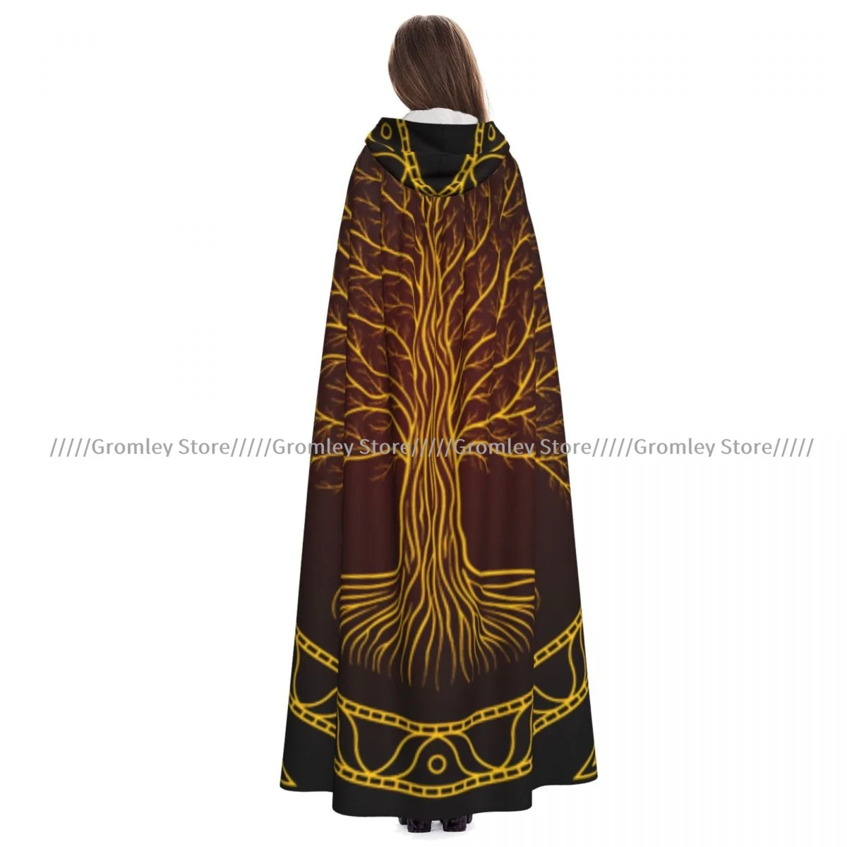 Medieval Halloween Cosplay Cloak Hooded Coat Yggdrasil Tree Gothic Cape Coat Long Trench Costume Wizard Cloak