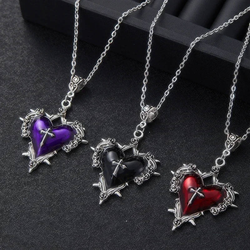 Gothic Death Cross Necklace for Man Women Fashion Witch Jewelry Accessories Gift Thorn Rose Red Heart Pendant Choker Necklace