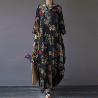 Women Cotton Linen Dress National Style Artistic Retro Loose Round Neck Five-point Sleeve Pocket Mid-length Dress