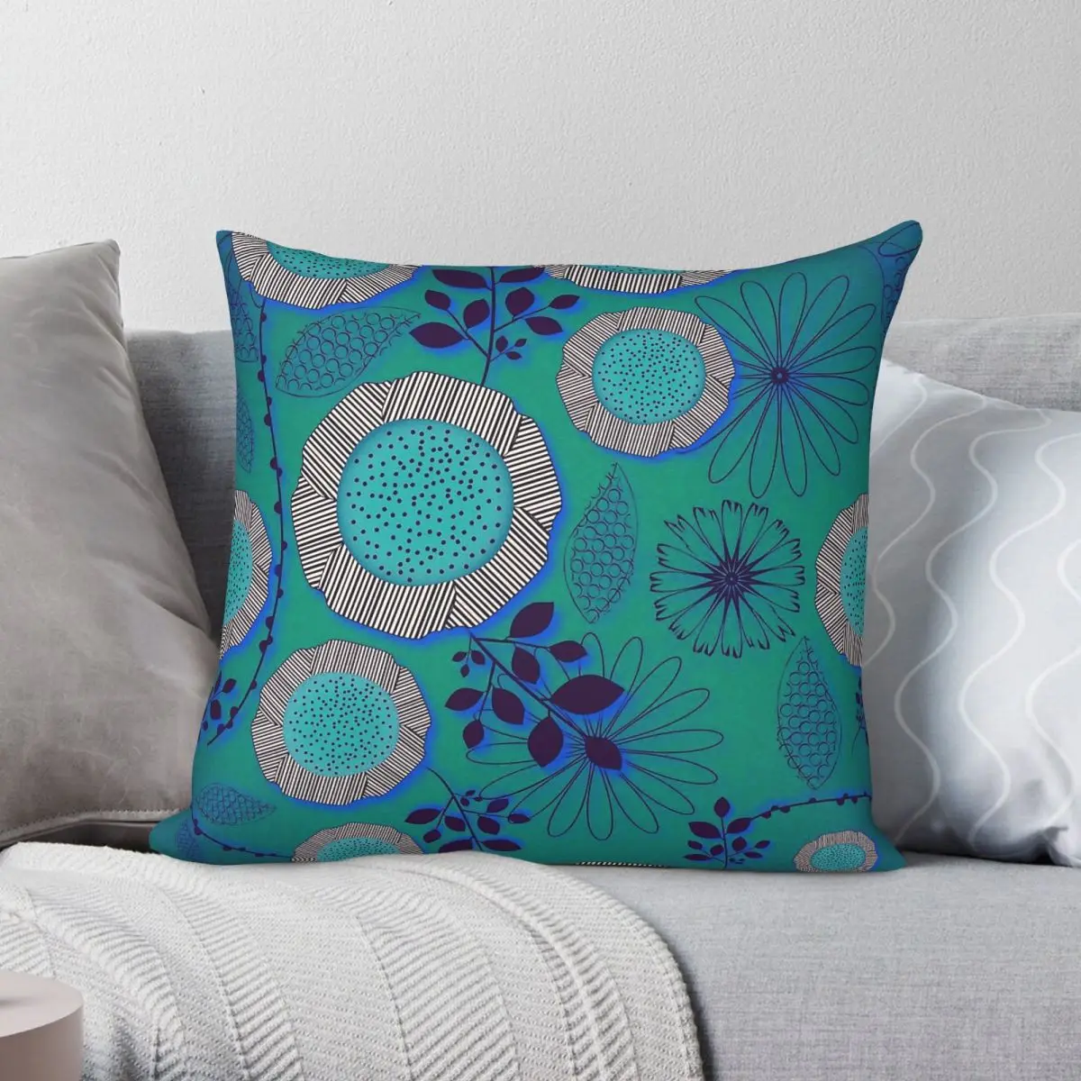 Turquoise Garden Flowers Square Pillowcase Polyester Linen Velvet Creative Zip Decor Home Cushion Cover