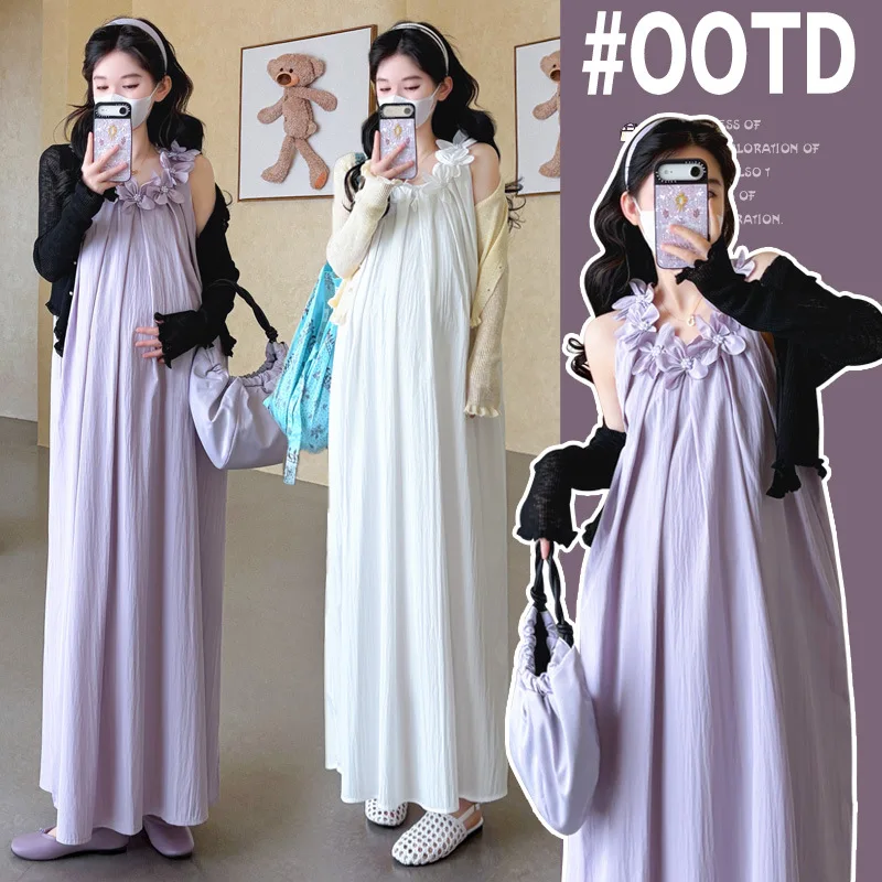 maternity-suit-summer-2026-flower-decoration-sleeveless-dress-and-cardigan-for-pregnant-women-vacation-beach-wear