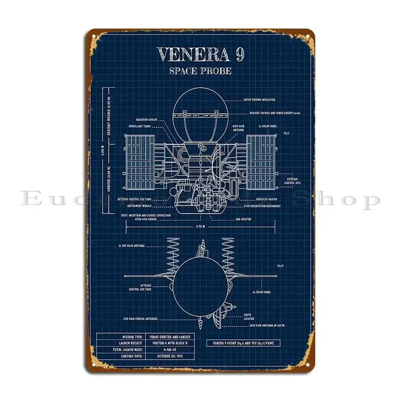 Venera 9 Space Probe Navy Blueprint Vertical Metal Sign Club Cave Garage Cinema Designer Tin Sign Poster