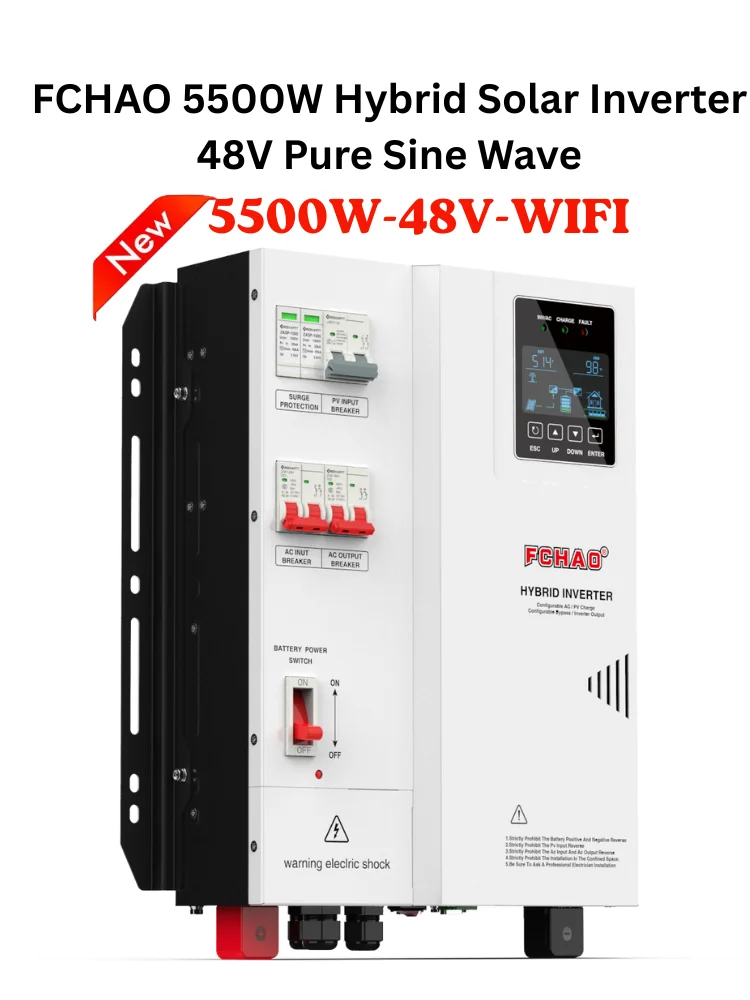 Neuer FCHAO 4,0KW 24V Hybrid-Solarwechselrichter mit DC-Schutzschalter-Kombiniererbox, 100A MPPT, Reine Sinuswelle, Netzunabhängig, 230V AC, 4500W PV-Eingang, UPS
