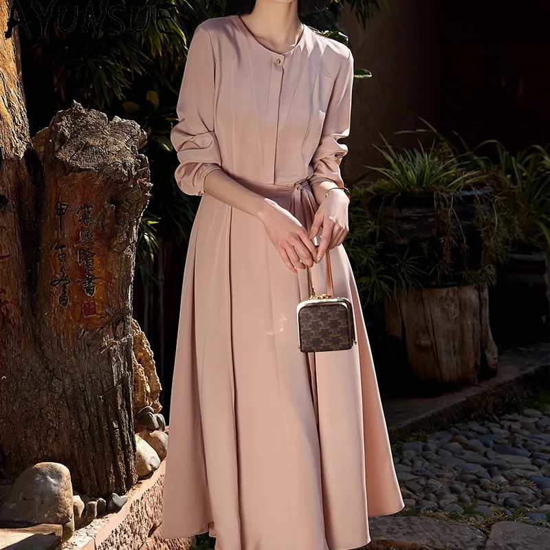 

AYUNSUE Женское платье из тяжелого крепового шелка тутового шелкопряда, однотонное, с длинным рукавом, элегантное, для офиса, повседневное, женская одежда, платье