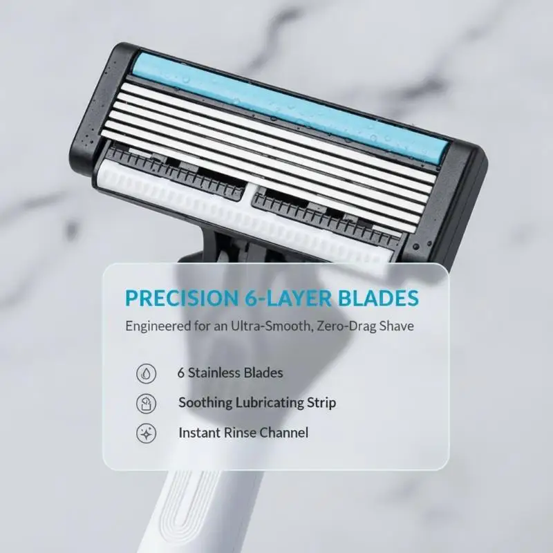 Men's Manual Shaving Razor 6 Sharp Blades Non-Slip Handle 4 Refills Perfect Gift for Boyfriend Husband