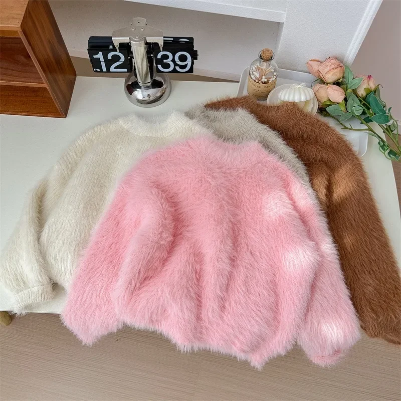 

Baby Girl Autumn Sweater 2023 Winter New Children's Outwear Casual Girls' Korean Edition Foreign Style Solid Color Mink Sweater