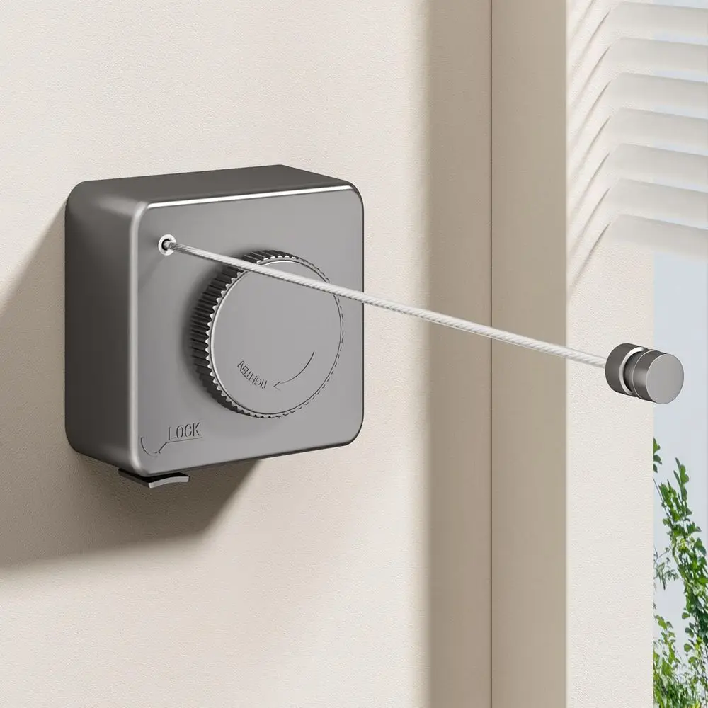 Indoor/Outdoor Retractable Clothesline, Wall-Mounted Drying Rack, Stainless Steel Line - 15.1 Feet (Grey)