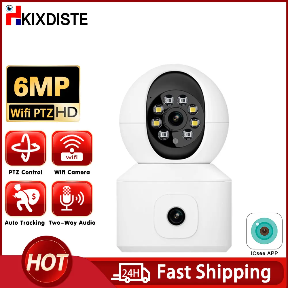 ICSEE 6MP WiFi Camera with Dual Screen Baby Monitor Night Vision Indoor Mini PTZ Security IP Camera CCTV Surveillance Cameras