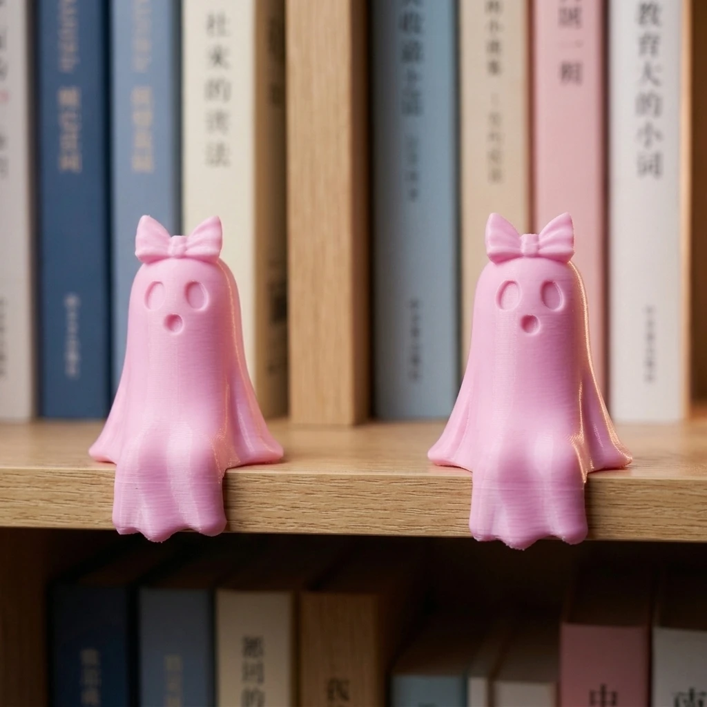 Cute Pink Ghost with Bow Shelf Sitter 3D Printed Halloween Ghost Figurine Desk Edge Decor Spooky Room Ornament Gift