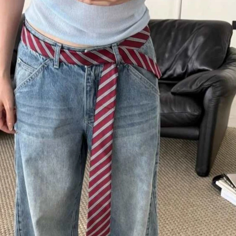Женский ретро винно-красный полосатый галстук, завязанный вручную шарф, аксессуар для шеи, парный стильный отличительный джинсовый ремень, многослойный аксессуар