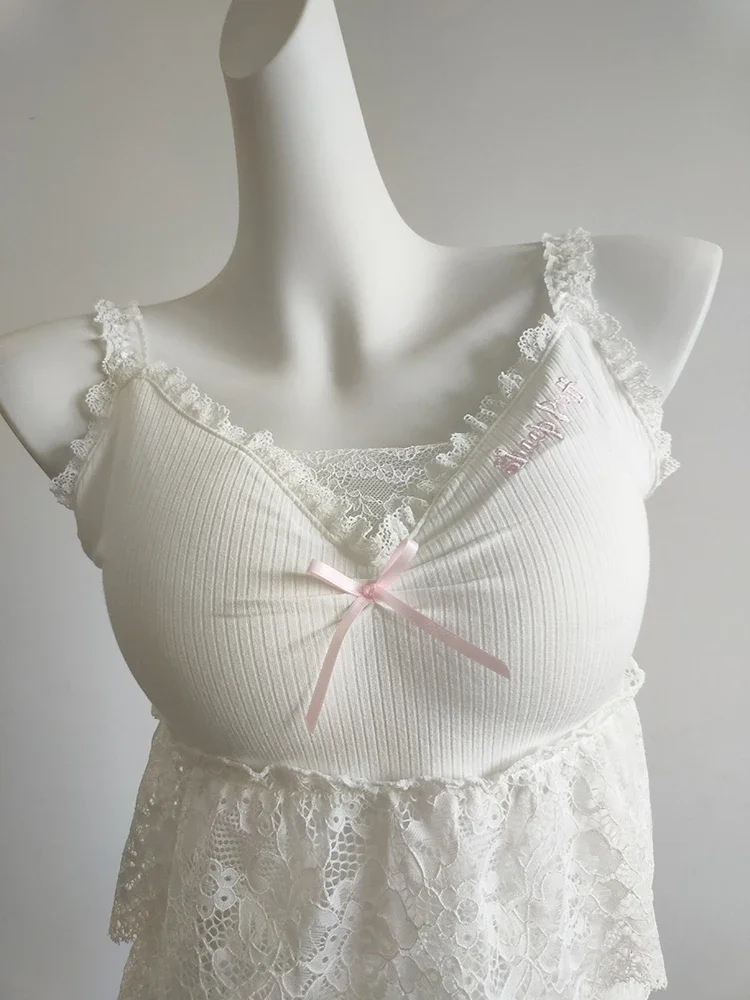 Conjuntos de 2 piezas para mujer, Tops cortos con lazo, pantalones cortos de cintura elástica, conjunto de fondo de encaje multicapa para niña dulce, trajes Kawaii