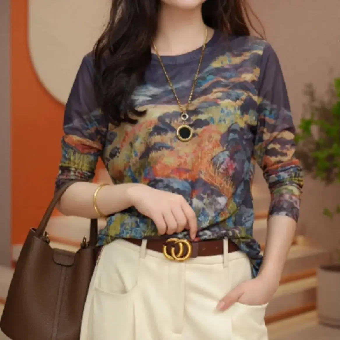 Damskie jesienne nowe dopasowane bluzki z nadrukiem, eleganckie bluzki z długim rękawem z czystej bawełny, wysokiej jakości europejska baza tie-dye.