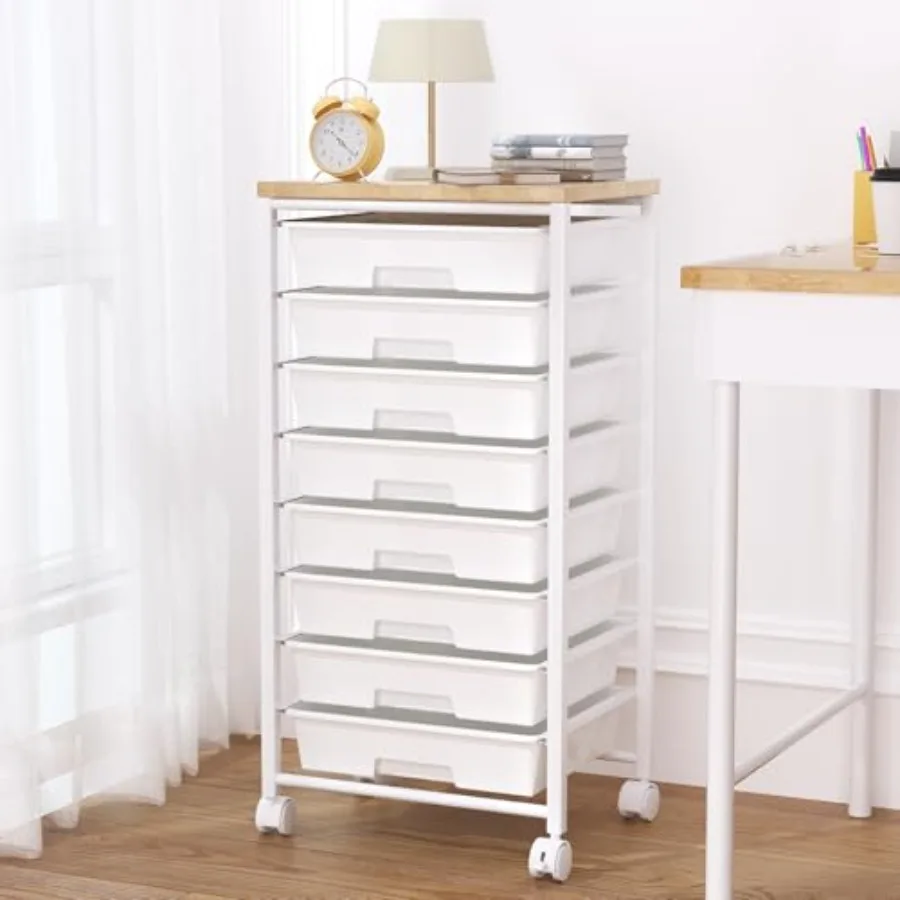 

Rolling Cart with 8 Drawers Storage Drawers Cart with Wooden Tabletop and Lockable Wheels Craft Storage for Living Room Office
