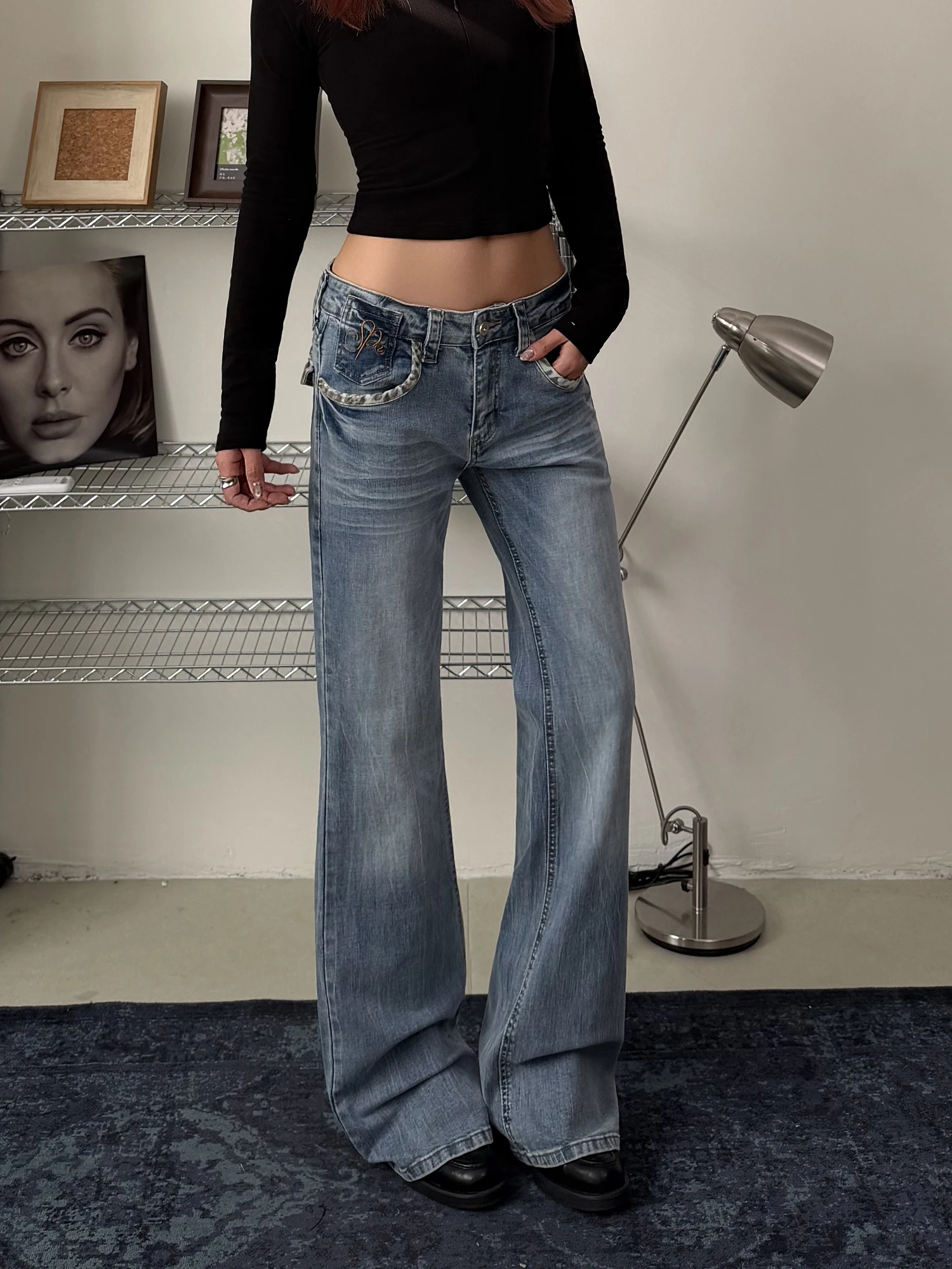 

American Retro Leopard Print Patchwork Embroidery ket Design Loose Wide Leg Jeans Slim Straight Long Pants Women's Faion