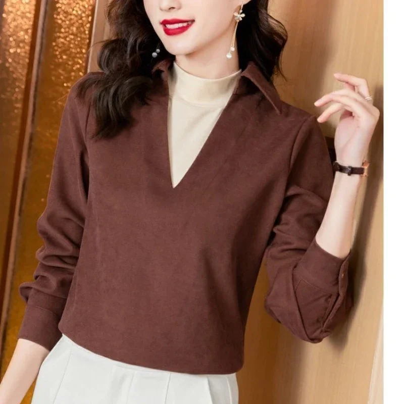 الكورية نمط الربيع والخريف تصميم المتخصصة الشعر فضفاض المرأة الاتجاه وهمية قطعتين سروال قصير قميص طويل الأكمام ل جديد #1