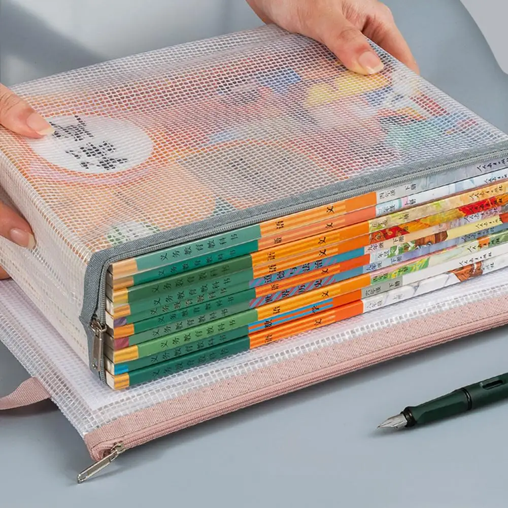 メッシュジッパーポーチ A4レターサイズ 透明プラスチックファイルバッグ ジップファイルフォルダー 書類収納バッグ 旅行 学校 オフィス用品用