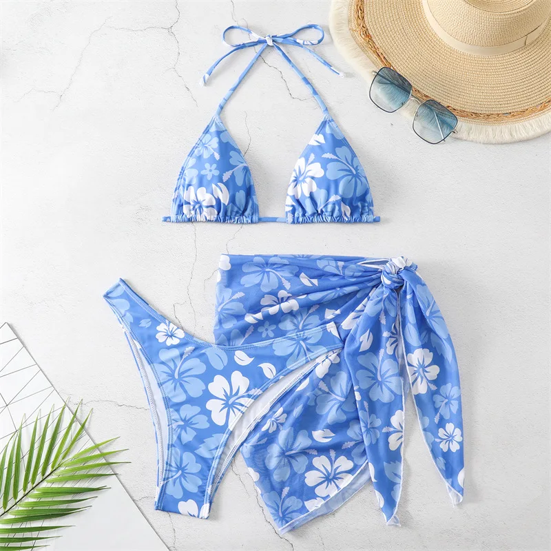

New European and American Print Sexy Bikini Women's Two- Swimsuit Three-Piece Set
