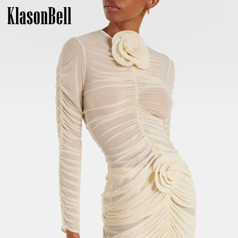 

8.13 KlasonBell Women Fashion Elegant Ruched Flower Decoration Solid Color Blouse O-Neck Back Hook Buckle Stretch Slim T-Shirt