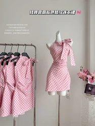 Summer Korean Fashion Mini Plaid Dress Women 2000s Sweet Sleeveless Frocks Party Vintage One-Piece Coquette Evening Old Money