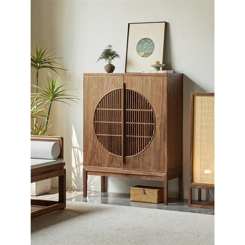 New Chinese shoe cabinet, side cabinet, entrance cabinet, black walnut furniture, log solid wood bookcase, foyer cabinet