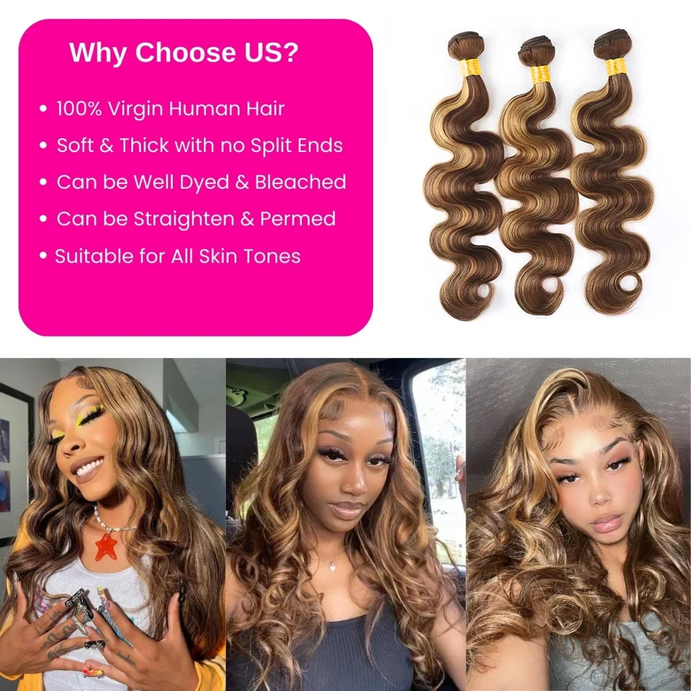 Brazilian Body Wave Hair Bundles para mulheres, 100% cabelo humano real, extensão de tecer, 30 Polegada, 1 Pacotes, 3 Pacotes, Honey Blonde, Highlight