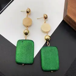 Trendy Statement Long Dangle Earrings for Women Green Wood Rectangle Drop Earrings Wedding Party Geometry Big Jewelry Gift