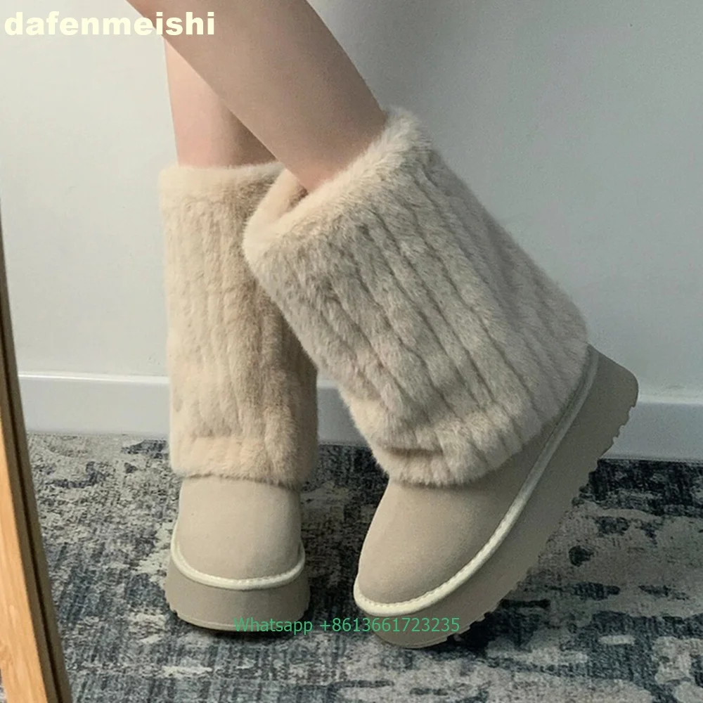 2024 Autumn Winter Snow Boots Women Round Toe Platform Plus Velvet Thick Warm Cotton Shoes Turned-Over Edge Plush Mid-Calf Boots