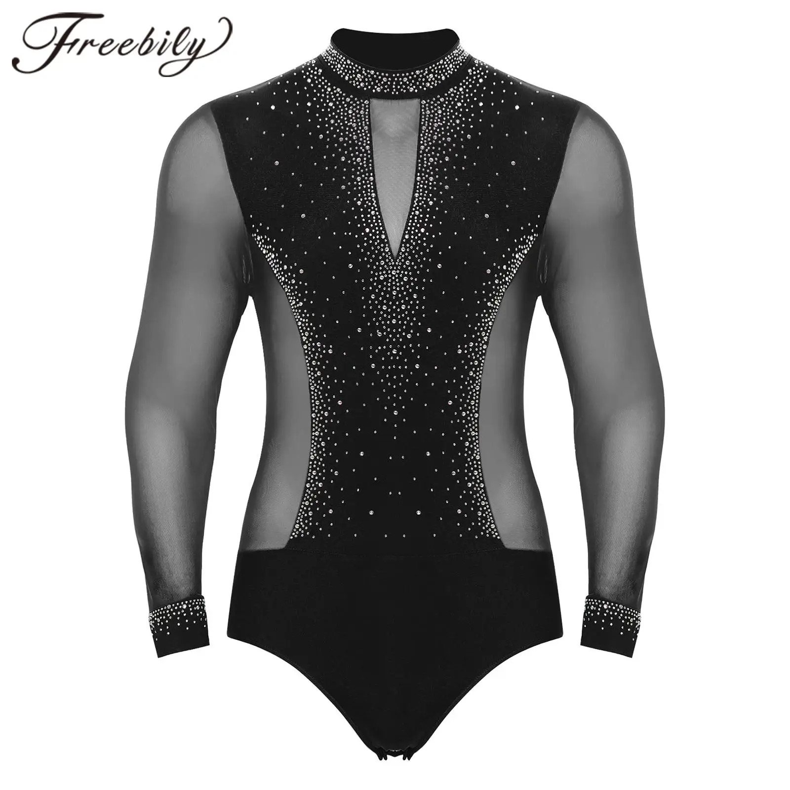 Mens Gymnastics Jumpsuit Tango Rumba Chacha Latin Dance Bodysuit Shirt Tops Male Long Sleeve Acrobatics Figure Skating Leotard