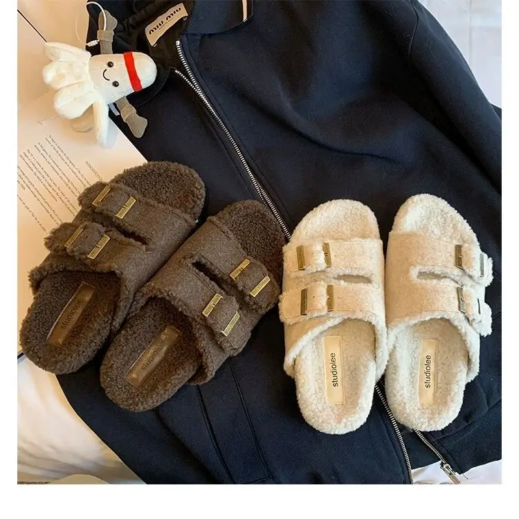 

Женские плюшевые тапочки, женские тапочки с двойной пряжкой и неглубоким носком, уличная теплая женская обувь, удобная модная зимняя обувь