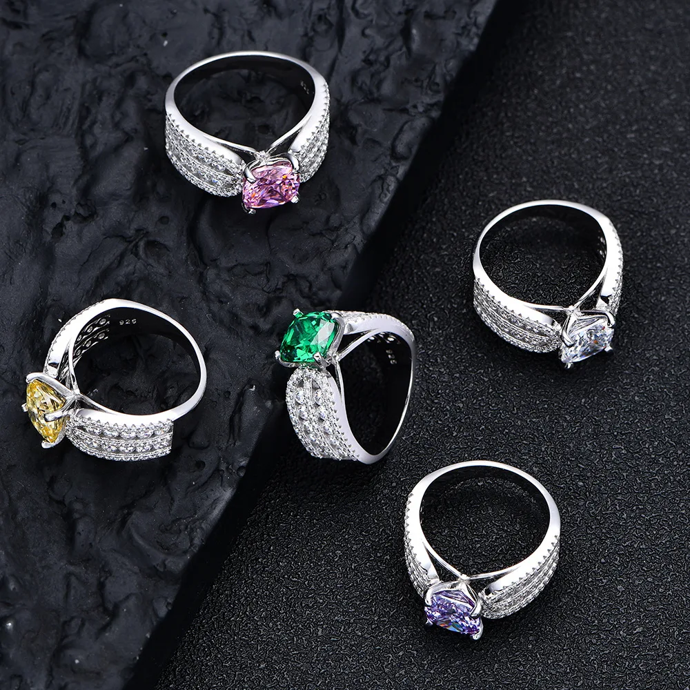 Zhenchengda 8 * 8 Fat Square Imitation Emerald Diamond Ring Set with High Carbon Diamond 925 Silver Ring