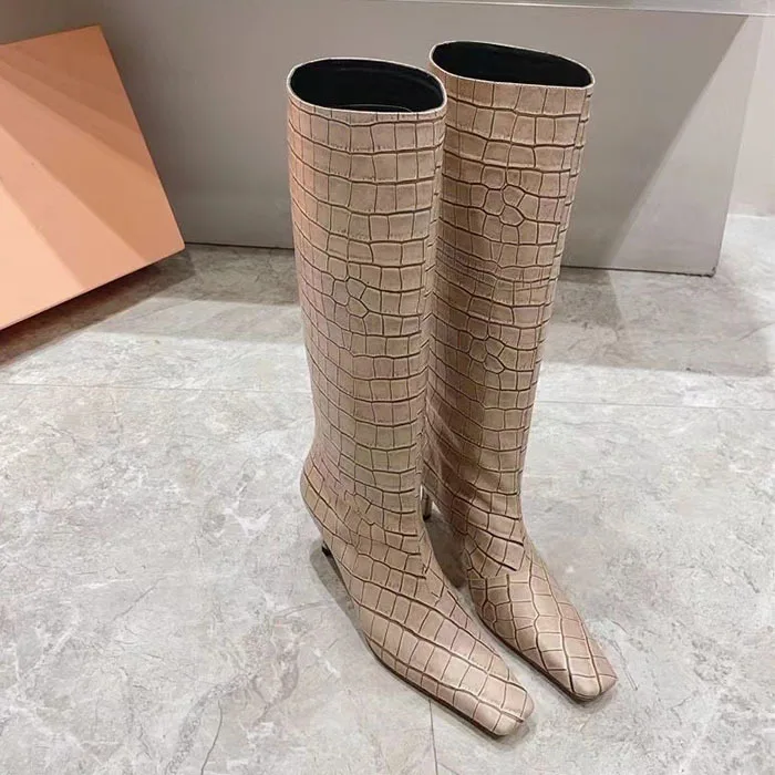 Dedo do pé quadrado retro crocodilo padrão stiletto joelho-botas altas deslizamento-on moda tamanho grande longo botines feminino botas femininas