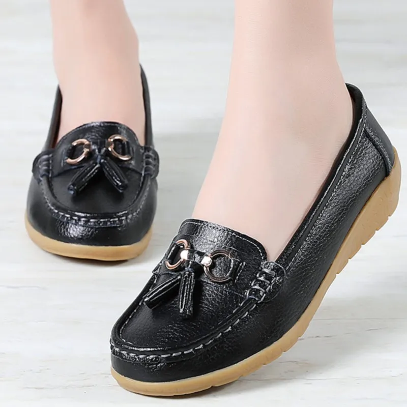 Genuine Leather Women Flats Fashion Casual Women Shoe Moccasins Shoes Woman Slip On Flat Shoes Black Ladies Shoes Plus Size