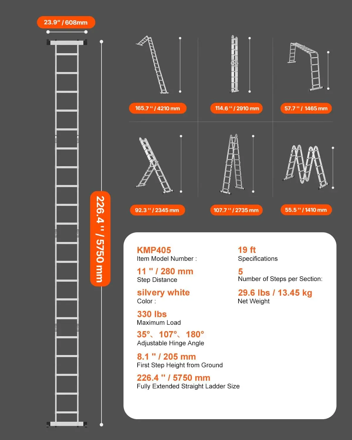 7-in-1 Tall Extension Step Ladder, A Frame 5 Step Telescoping Ladder, 19ft Reach Height Heavy Duty Adjustable Ladder