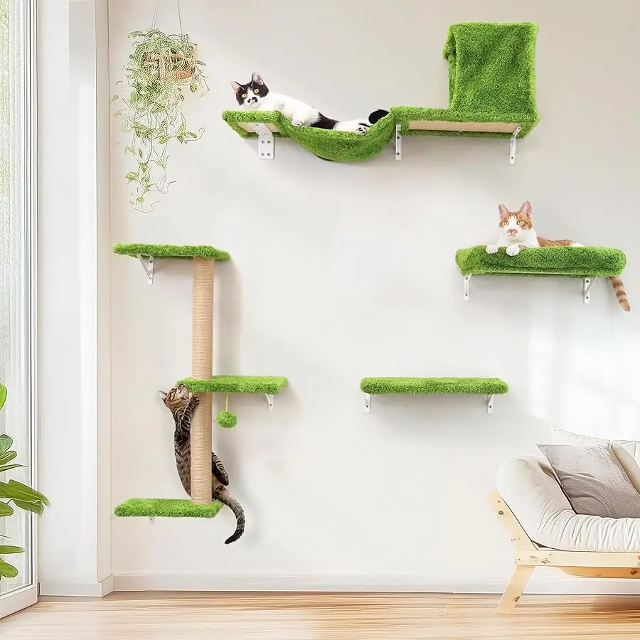 

FUKUMARU Cat Wall Shelves, Stable & Safe 4 in 1 Cat Furniture Set, Wooden Climbing Wall with Scratching Post, Bridge and Bed, St