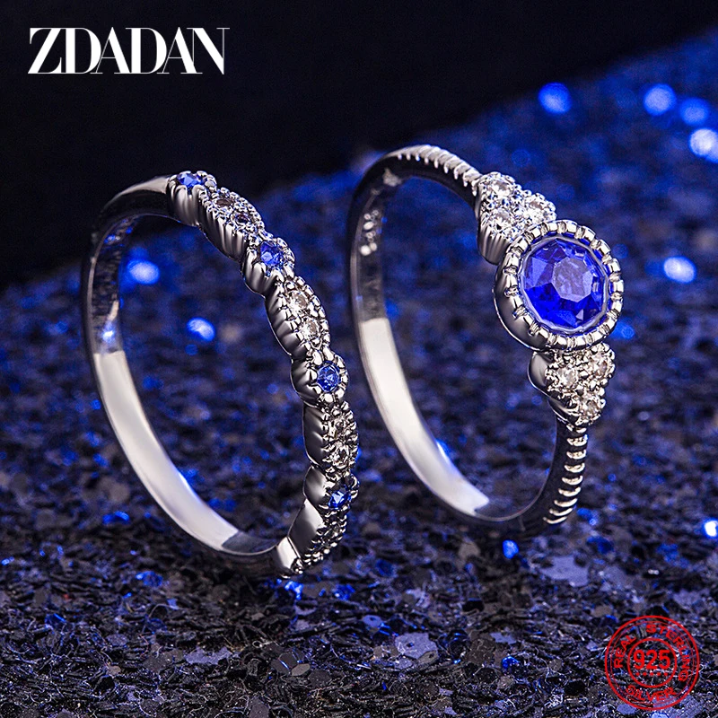 ZDADAN 925 Silver 2pcs Emerald Zircon Rings For Women Fashion Wedding Jewelry