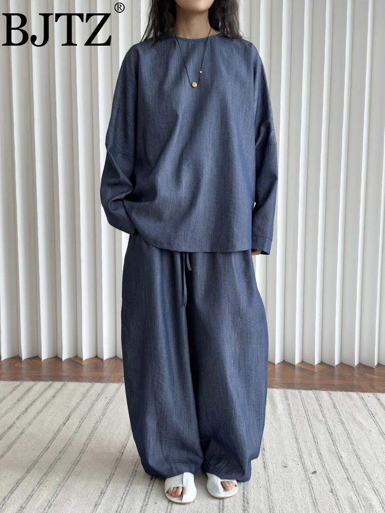 

BJTZ, простая и освежающая повседневная рубашка без воротника с воздушным силуэтом для женщин, новинка лета 202, широкие свободные джинсовые брюки с имитацией воротника