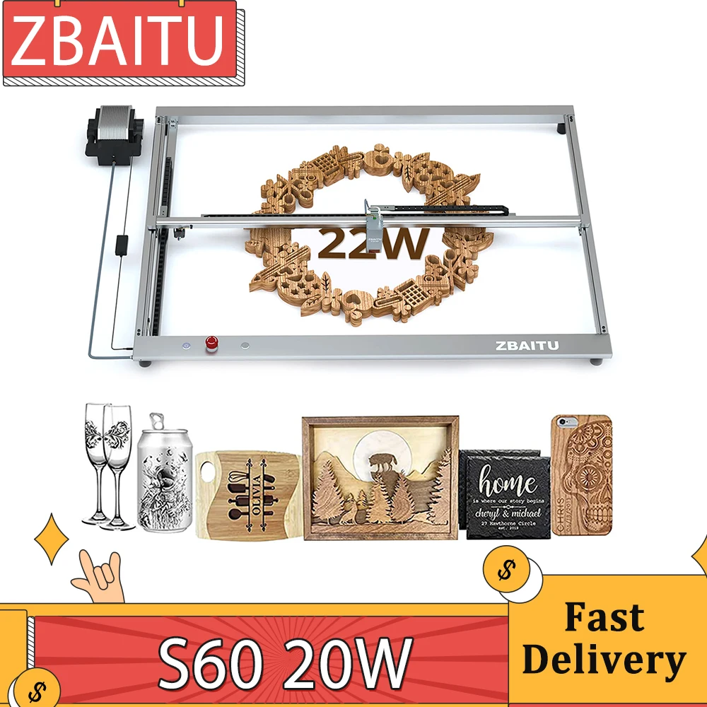 ZBAITU S60 20W Laser Engraver Cutter 600mm/s Engraving Speed Air Assist Nozzle Emergency Stop Button 32-bit Motherboard 80x60cm