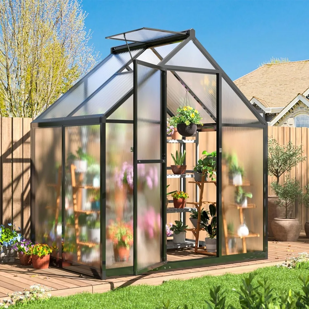 4x6 FT Greenhouse, Quick Aluminum Assembly Structure Polycarbonate Greenhouse, Walk-in Greenhouses for Outdoors