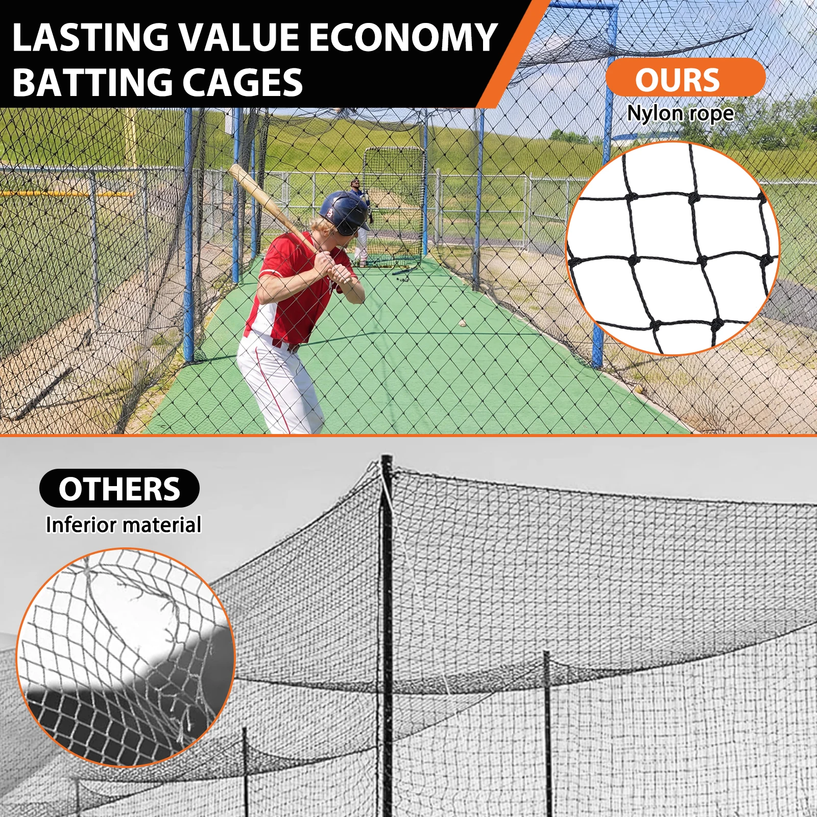 Batting Cage Nets 10x10x35 FT /12x12x55 FT Baseball Batting Netting Portable Net Only No Frame Included for All Skilled Levels