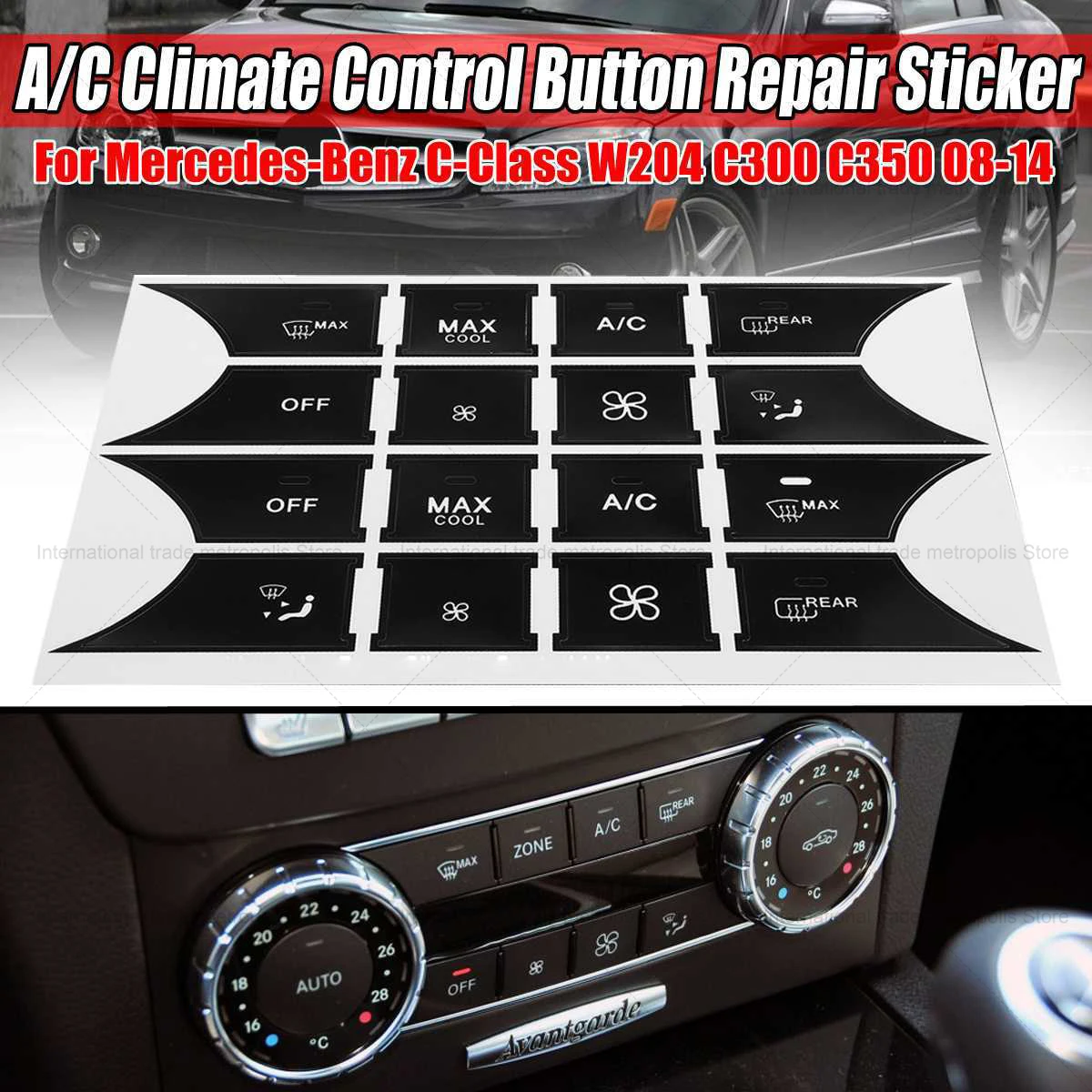 For Mercedes-Benz C-Class W204 (2008-2014) - Matte Black AC Climate Control Button Repair Kit. Fixes Faded Buttons on C300 & C35