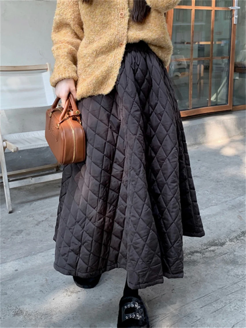 Winter All Match Cotton Padded Maxi Skirts Women Streetwear Loose OL Office Lady High Waist Thicken Warm