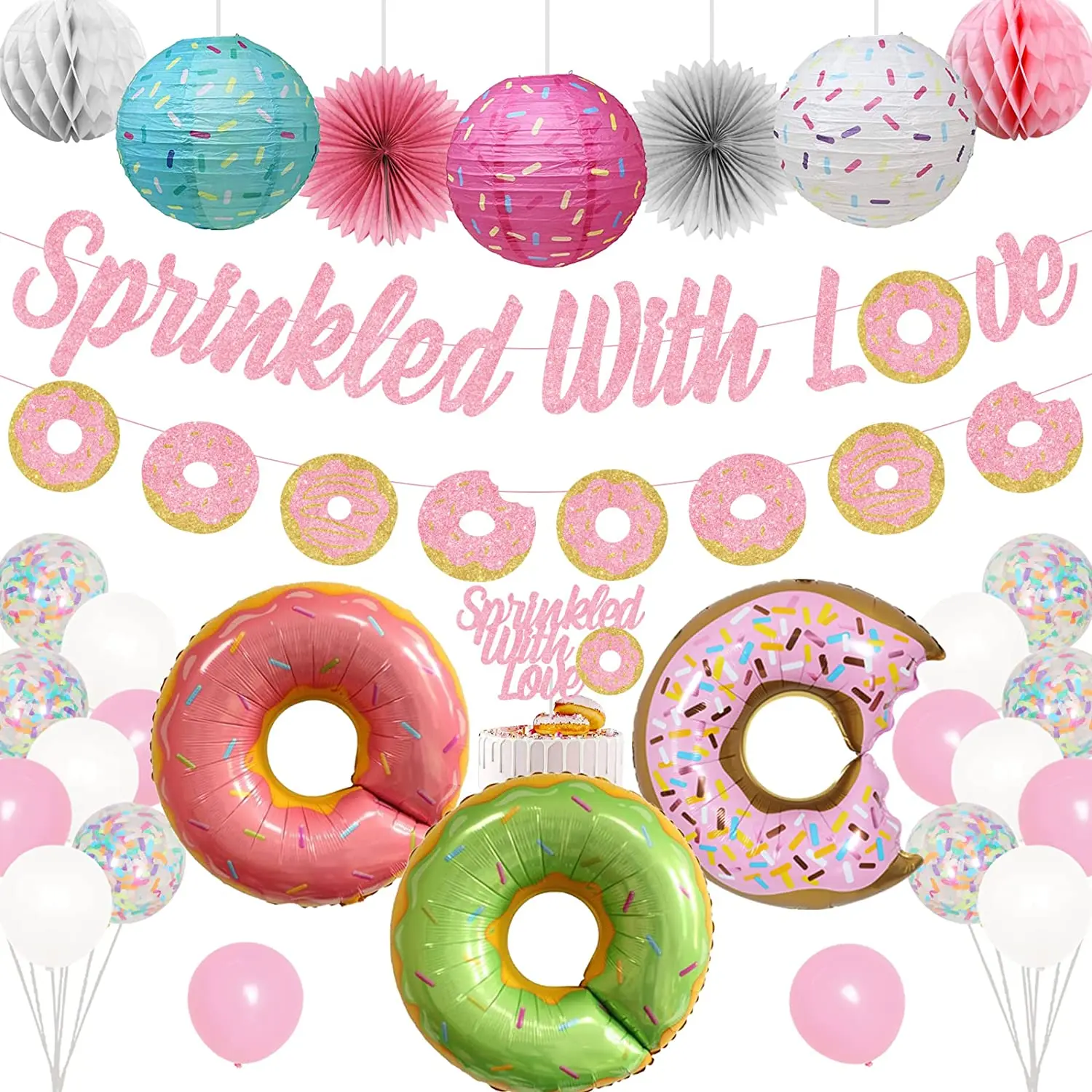 

JOYMEMO Donut Baby Shower Decorations Sprinkled with Love Baby Shower Banner Lantern Donut Foil Balloons for Girl Party Supplies