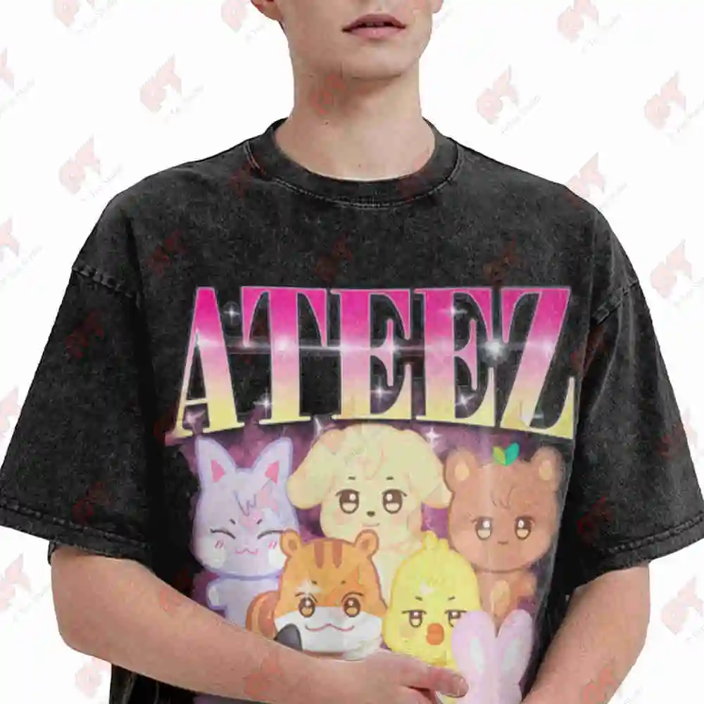 ATEEZ Official Fan Cute Anime Group Neon Accents K-Pop Vintage Washed Tee Pure Cotton T-Shirt