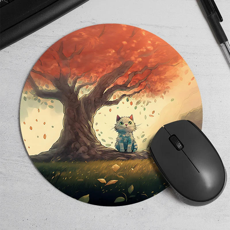 Circular cat tree printed mouse pad with anti-slip rubber base is durable and comfortable, suitable for gamers in autumn scenes