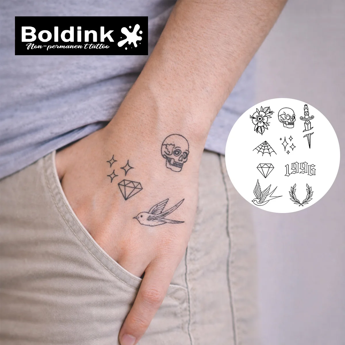 Boldink Plant-based Minimalist Skull Diamond Swallow Tattoo Set for Modern Micro Tattoo Fans, Clean Line Art & Everyday Edgy Acc