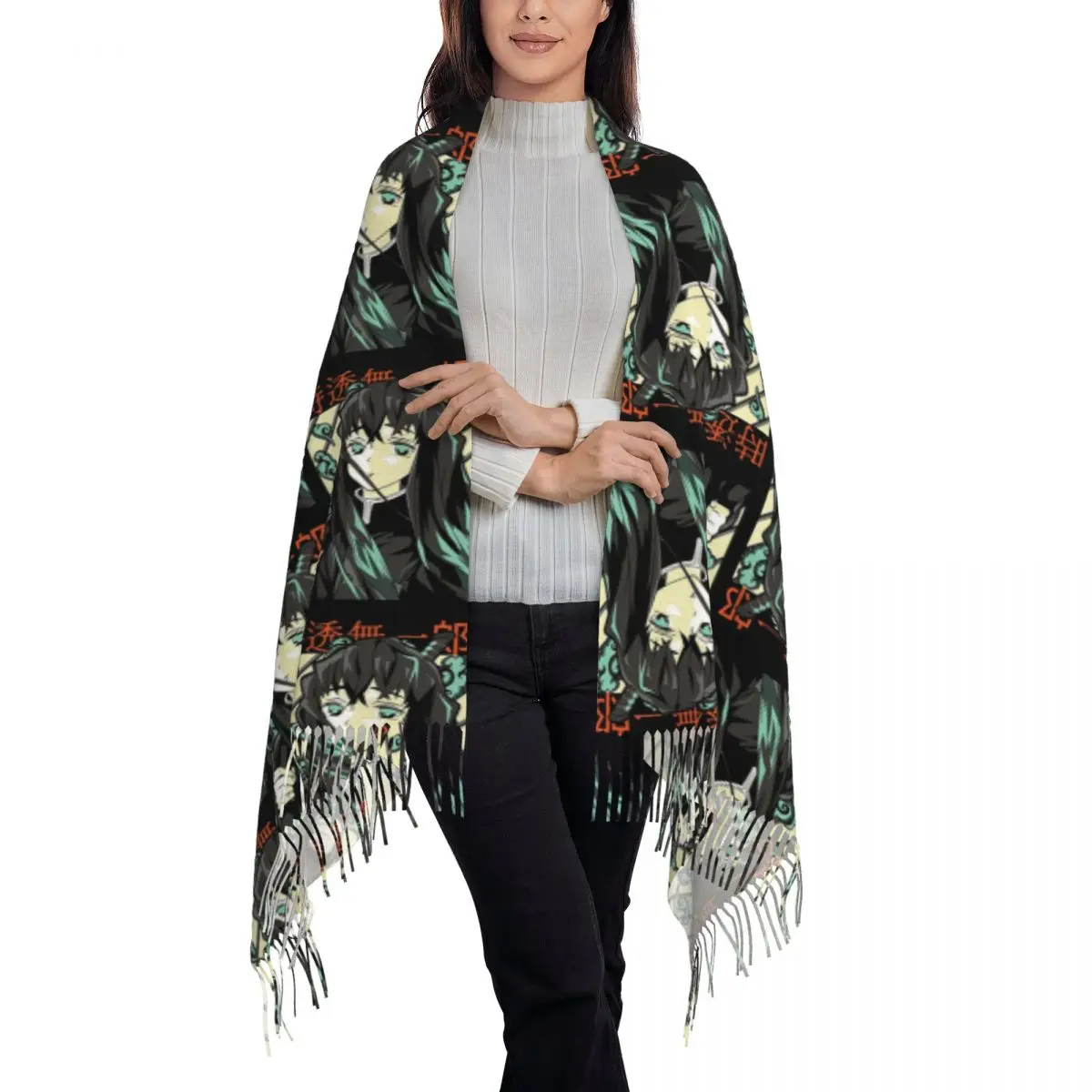 Kimetsu No Yaiba Muichiro Tokito Scarf Tassel Scarves Women Soft Warm Shawls and Wraps Long Fall Winter Shawl Wrap