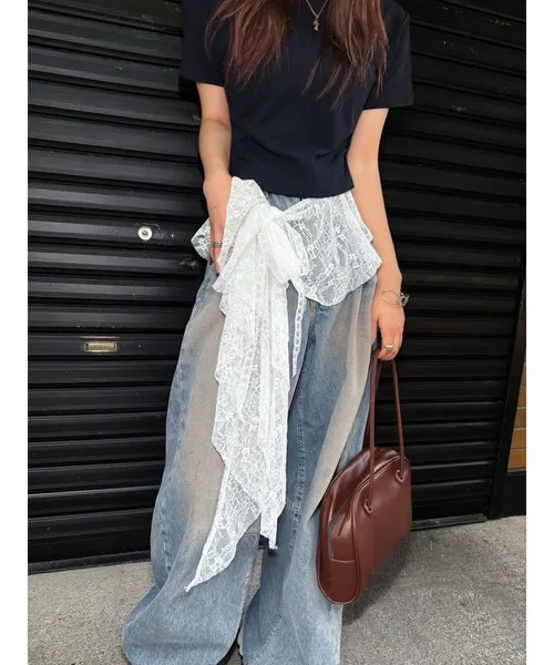 Jeans pantalons décor brodé fleur dentelle Mini jupe irrégulière voir à travers des jupes froncées taille haute Harajuku jupes plissées